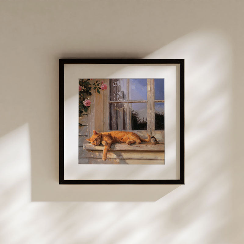 Sunlit Cat & Sparrow • Fine Art Print