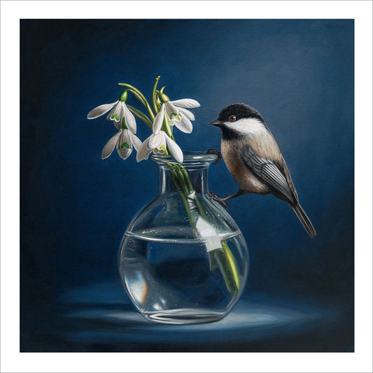 Chickadee & Snowdrop Flowers • Fine Art Print