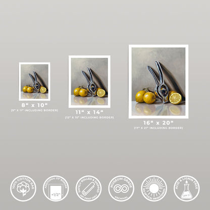 Three sizes of a citrus press and lemon fine art print on museum-grade cotton rag paper with white borders.