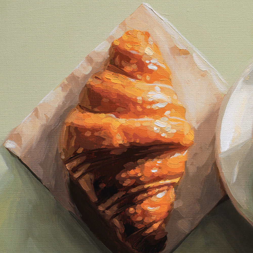 An oil painting of a golden-brown croissant resting on a square piece of white paper, set against a muted sage green background with a partial white plate visible on the right.