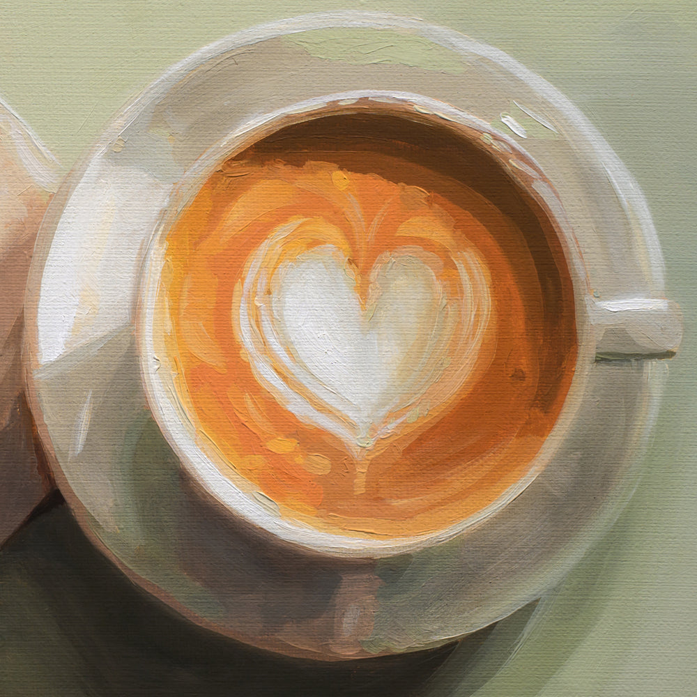A top-down painted view of a white cup of coffee or latte with a heart-shaped foam pattern in warm orange and brown tones, set on a matching saucer against a soft green background.