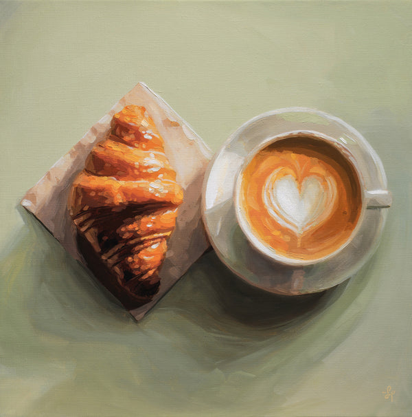 An oil painting of a golden-brown croissant on a napkin next to a white cup of coffee with a heart-shaped latte art design, set against a muted sage green background.