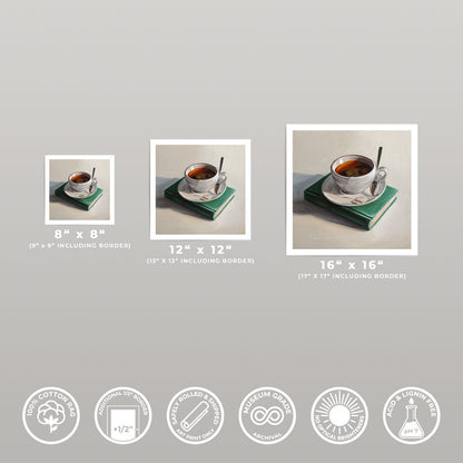 Three sizes of a tea and book fine art print on 310gsm cotton rag paper with a half-inch white border and archival quality.