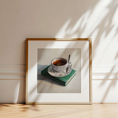 Fine art print of a tea cup on a green book in a light wood frame, displayed against a wall with soft leaf shadows.