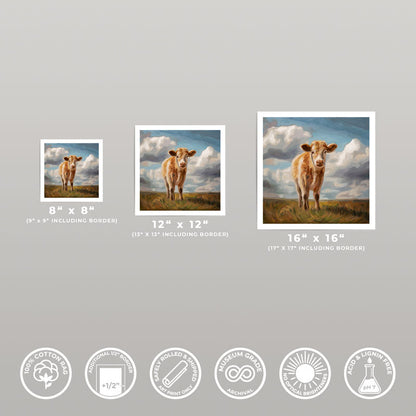 Curious Cow fine art prints in 8x8, 12x12, and 16x16 inch sizes on archival cotton rag paper with white borders.