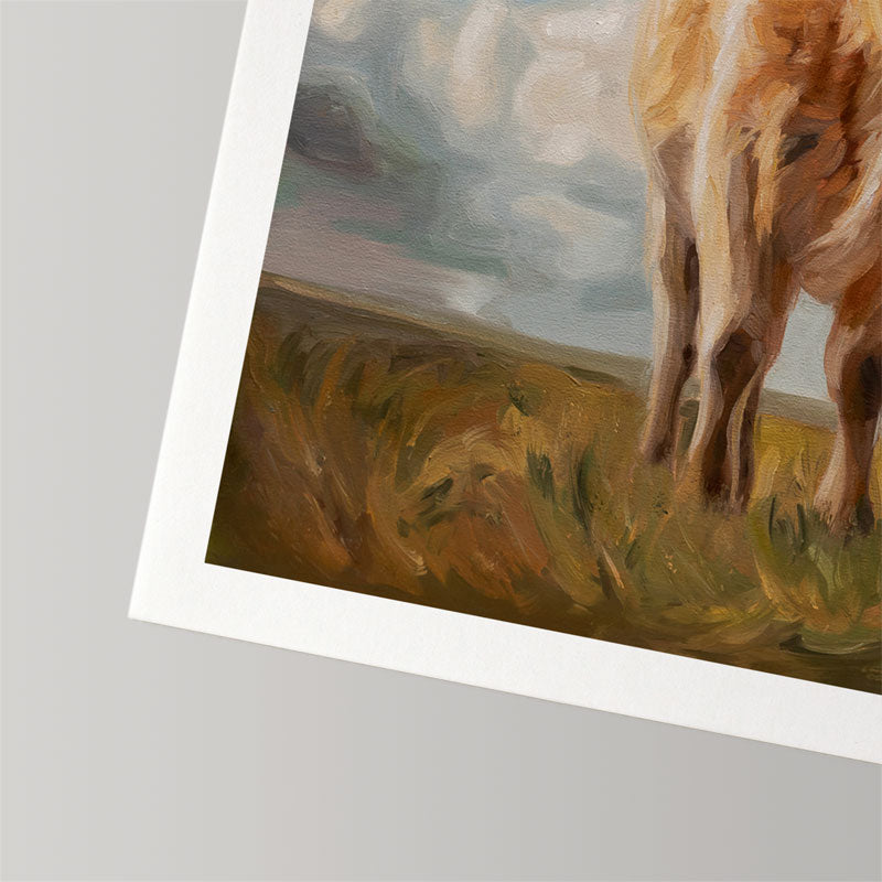 Curious Cow fine art print on textured cotton rag paper with a white border, featuring a painted cow in a grassy field.