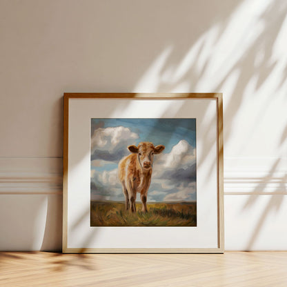 Curious Cow fine art print on cotton rag paper, framed in a light wood frame against a wall with soft leaf shadows.