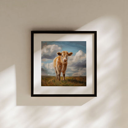 Curious Cow fine art print in a black frame, featuring a brown cow in a grassy field under a cloudy blue sky.