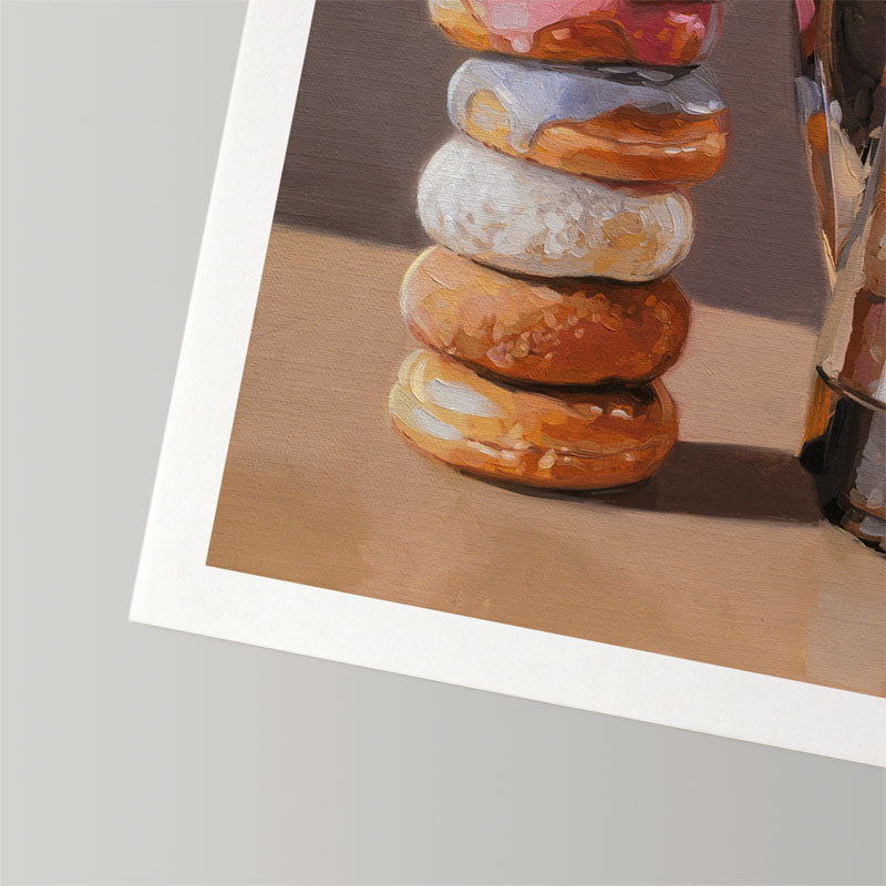 Fine art print of a stacked donut tower and coffee percolator on museum-grade cotton rag paper with a white border.