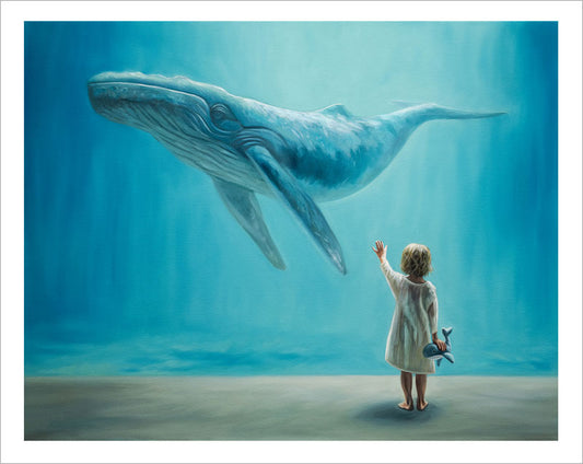 Fine art print of a child reaching toward a giant blue whale, rendered in soft blue tones on archival cotton rag paper.
