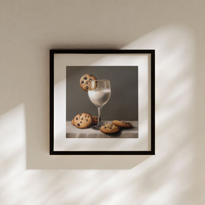 Framed fine art print of a glass of milk and chocolate chip cookies on a neutral background in a black frame.