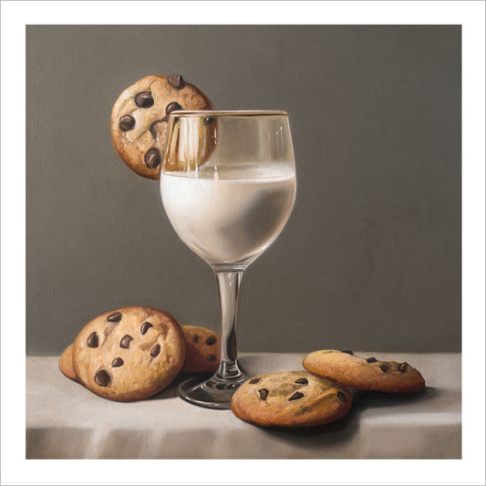 Fine art print of a glass of milk with chocolate chip cookies on a white border, rendered in a realistic oil style.