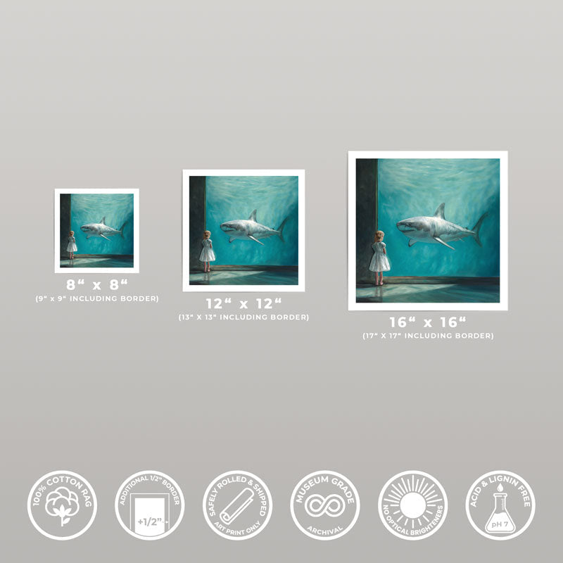 Girl with Shark fine art prints in three sizes on 310gsm cotton rag paper with half-inch white borders and archival quality.