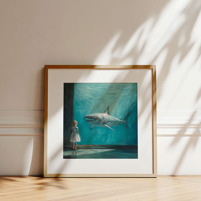 Fine art print of a girl watching a shark in an aquarium, framed in wood and displayed against a sunlit wall.