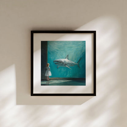 Framed fine art print of a girl in a white dress watching a shark in a blue aquarium, set against a neutral wall.