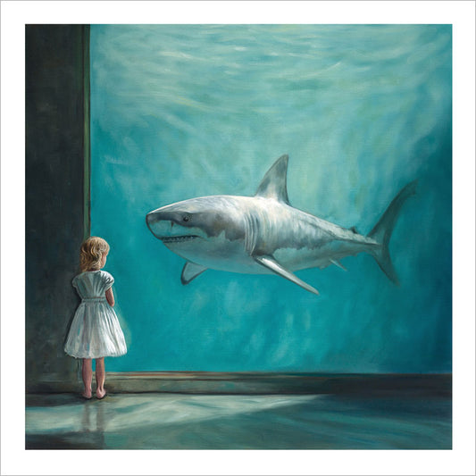 Fine art print of a girl in a white dress watching a large shark through a blue aquarium glass wall.