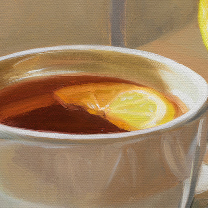 A close-up painted scene of a white cup filled with dark amber tea or coffee and a lemon slice floating in it, rendered in warm beige, brown, yellow, and orange tones.