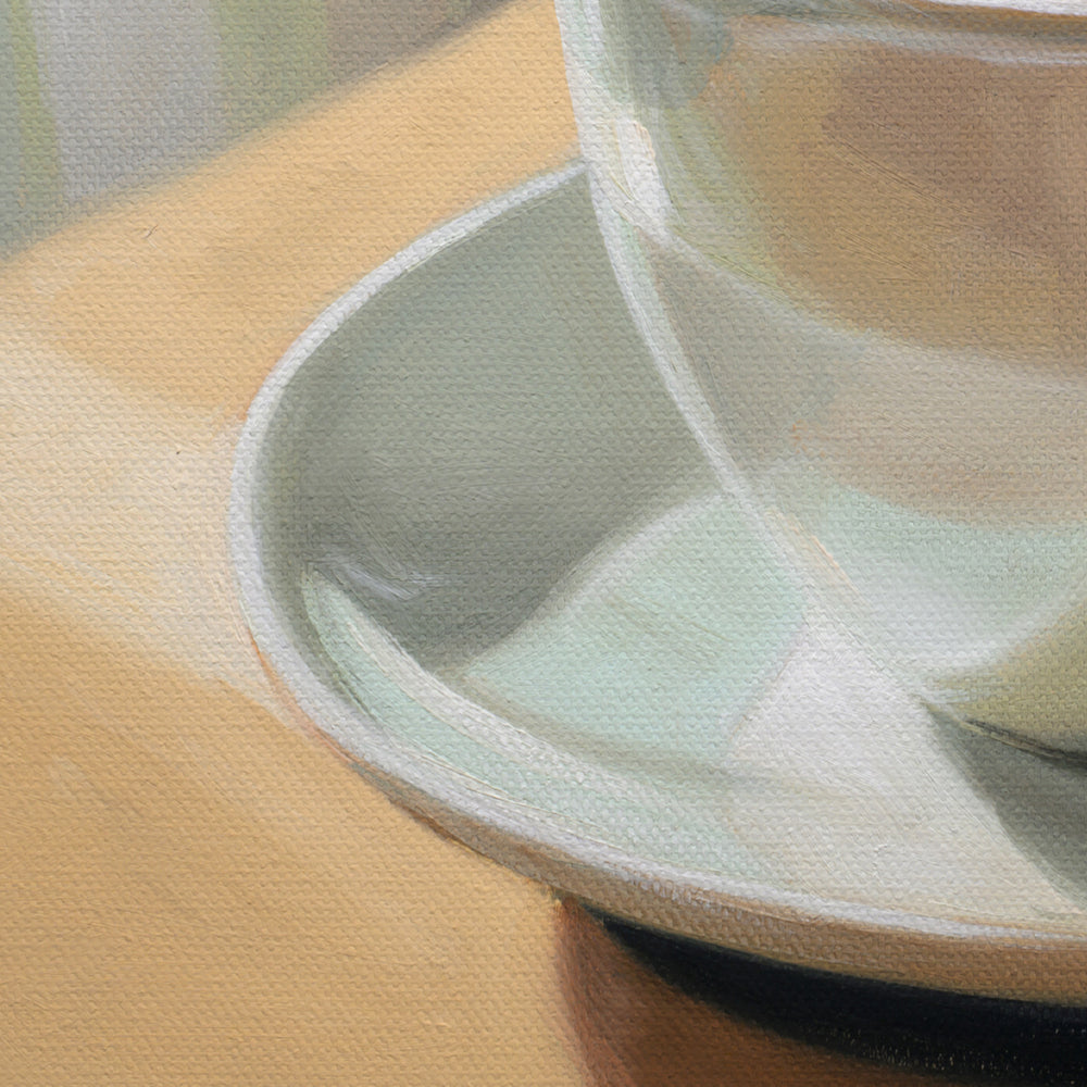 Close-up painted still life of a white cup or bowl resting on a matching saucer over a warm beige surface, rendered in soft pastel tones with visible canvas texture.