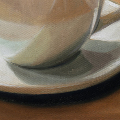 Close-up painting of a white ceramic cup and saucer on a warm brown surface, rendered with soft gray shadows and visible canvas texture.