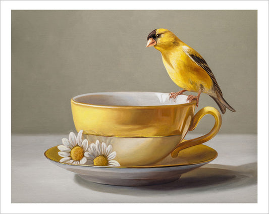 Fine art print of a yellow goldfinch perched on a yellow teacup with white daisies, on museum-grade cotton rag paper.