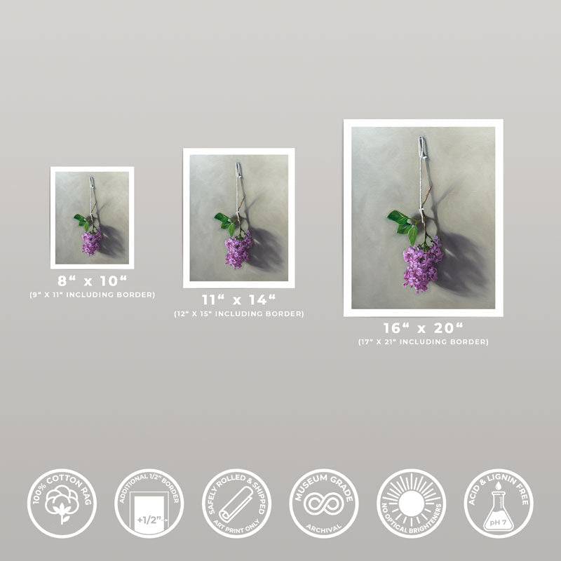 Three sizes of Hanging Lilac Blossoms fine art prints on museum-grade cotton rag paper with white borders.
