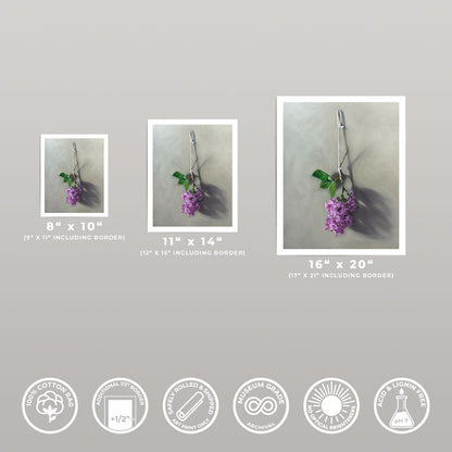 Three sizes of Hanging Lilac Blossoms fine art prints on museum-grade cotton rag paper with white borders.