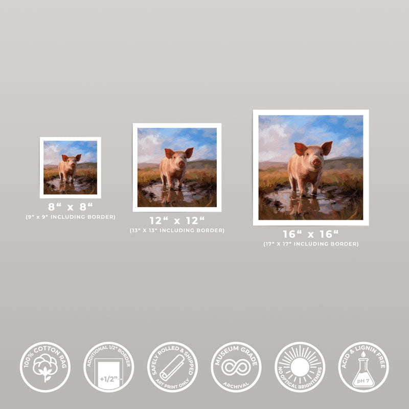 Three sizes of a pig in mud fine art print on 310gsm cotton rag paper with white borders and archival quality icons.