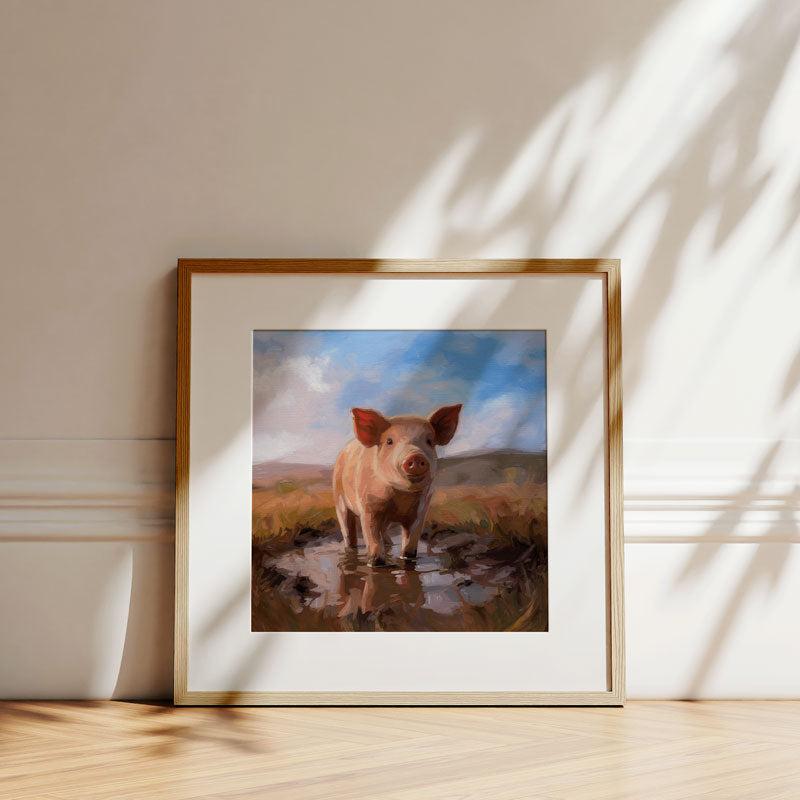 Fine art print of a pig in a muddy field, framed in light wood with a white mat, displayed against a neutral wall.