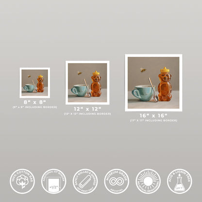 Three sizes of Honey, Bee & Turquoise Cup fine art prints on cotton rag paper with white borders and quality icons.