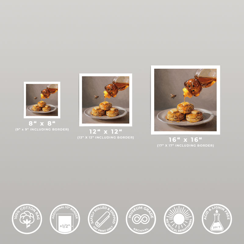 Three sizes of Honey Butter Biscuits fine art prints on cotton rag paper with white borders and archival quality icons.