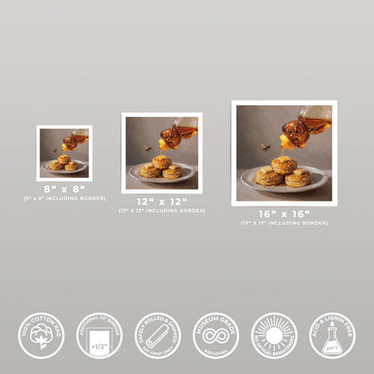 Three sizes of Honey Butter Biscuits fine art prints on cotton rag paper with white borders and archival quality icons.