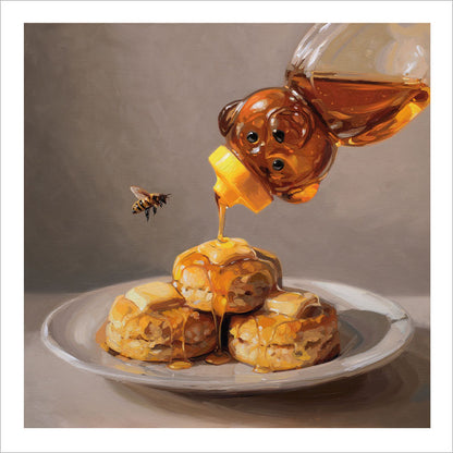 Fine art print of honey being poured from a bear-shaped bottle onto buttery biscuits with a bee nearby.