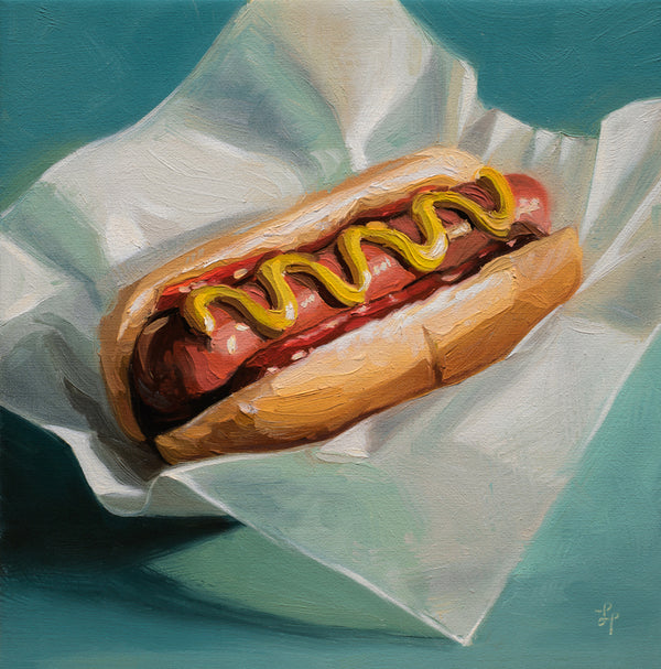 Painting of a hot dog with mustard on a bun, wrapped in paper against a teal background.