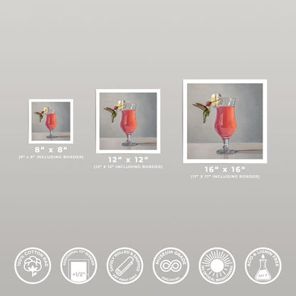 Three sizes of a hummingbird and pink cocktail fine art print on museum-grade cotton rag paper with white borders.