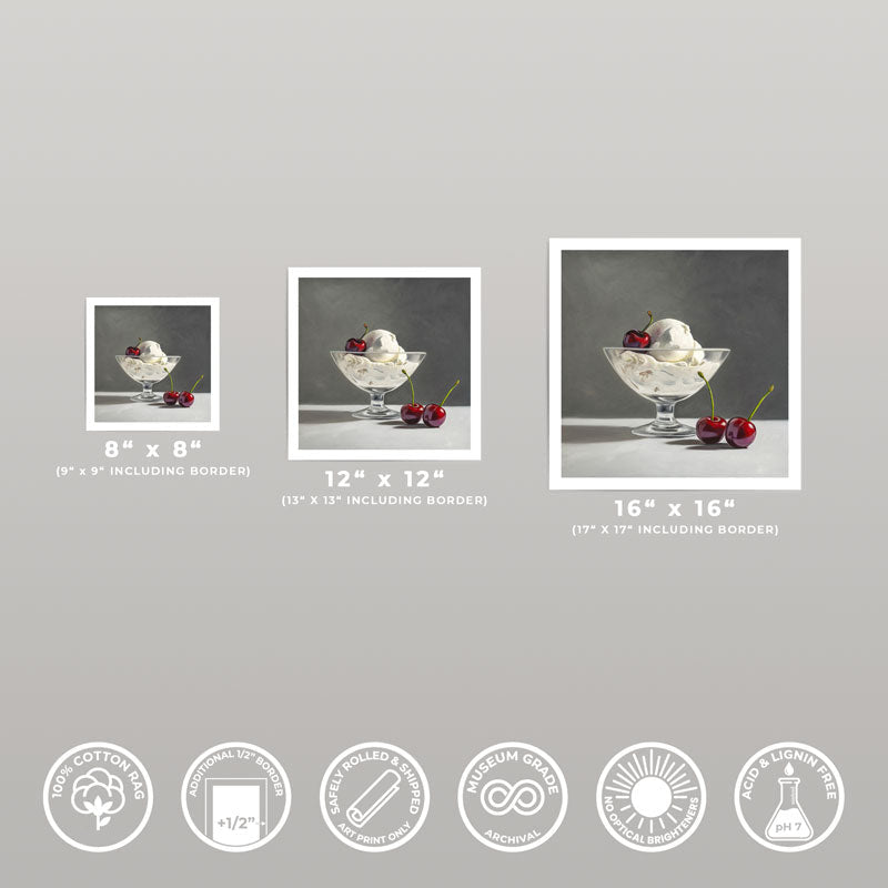 Three sizes of Ice Cream & Cherries fine art prints on cotton rag paper with half-inch borders and archival quality icons.