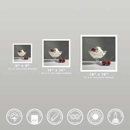 Three sizes of Ice Cream & Cherries fine art prints on cotton rag paper with half-inch borders and archival quality icons.