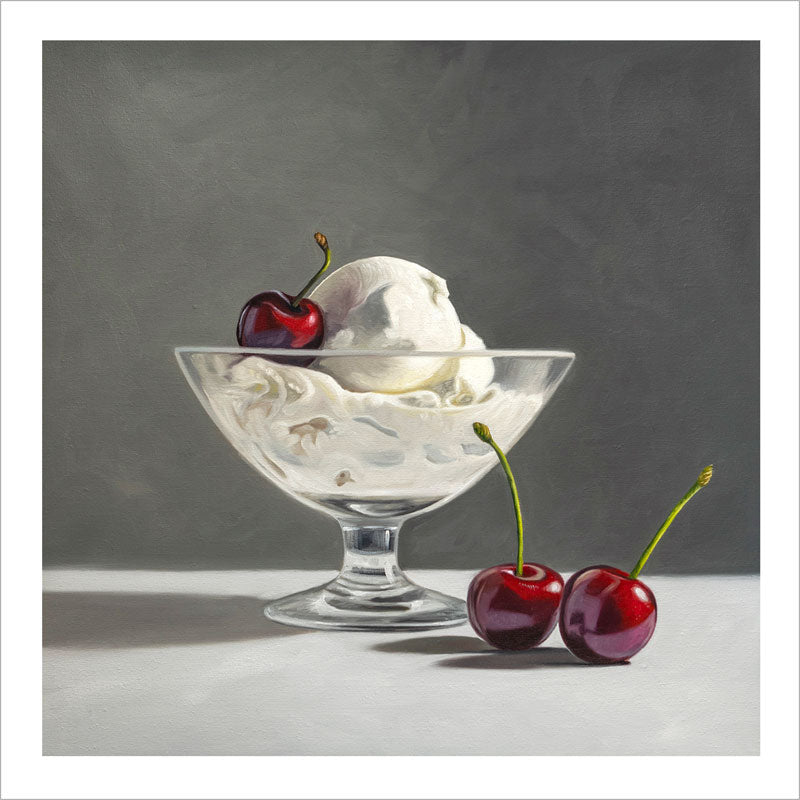 Fine art print of a scoop of vanilla ice cream in a glass bowl with three vibrant red cherries on a grey background.