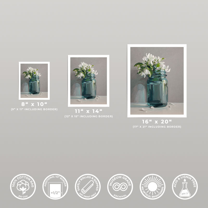 Three sizes of Jar of Apple Blossoms fine art prints on 310gsm cotton rag paper with a half-inch white border.