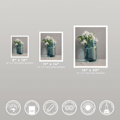 Three sizes of Jar of Apple Blossoms fine art prints on 310gsm cotton rag paper with a half-inch white border.