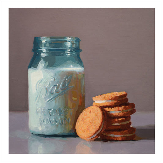 Oil painting print of a blue glass mason jar filled with milk next to a stack of golden sandwich cookies.
