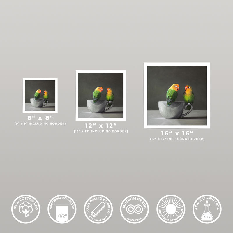 Lovebirds and porcelain cup fine art print in three sizes on archival 310gsm cotton rag paper with white borders.