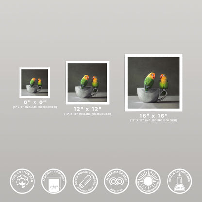 Lovebirds and porcelain cup fine art print in three sizes on archival 310gsm cotton rag paper with white borders.