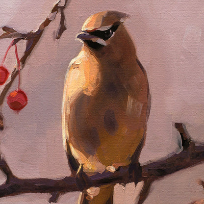 Original 14x11 oil painting on linen featuring a Cedar Waxwing perched on a branch with red berries in warm autumn tones.