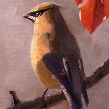 Original oil painting on linen of a Cedar Waxwing perched on a branch with autumn leaves, 14 x 11 inches.