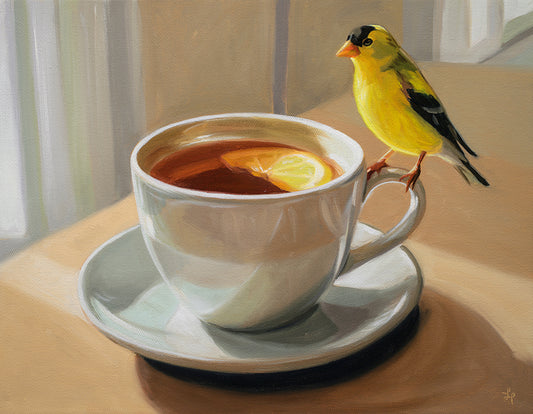 14x11 inch oil painting of a bright yellow goldfinch perched on a white teacup with a lemon slice, set on a wooden table.