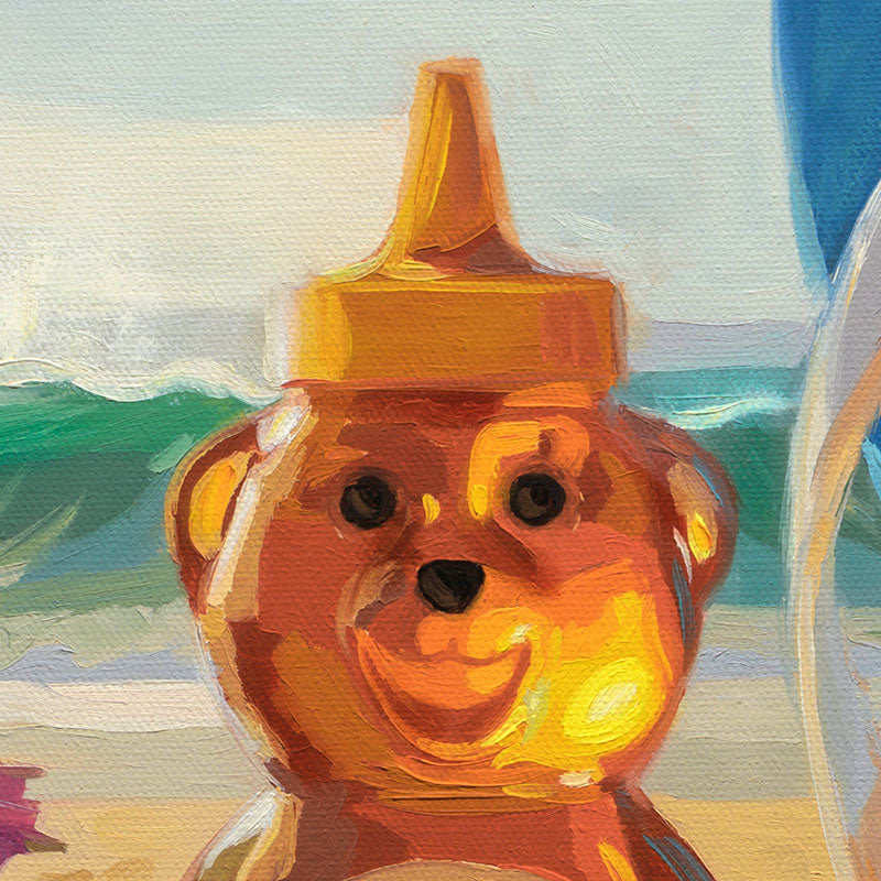 Original 16x16 oil painting of a golden honey bear bottle on a sunny beach with blue ocean waves in the background.