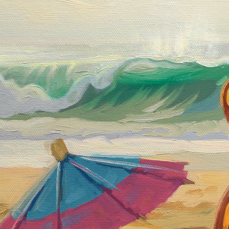 Original oil painting of a honey bear on a beach with a blue and pink umbrella before a crashing ocean wave.