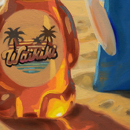 Original 16x16 oil painting of a honey bear bottle with a Waikiki palm tree label on a sandy beach with a blue towel.