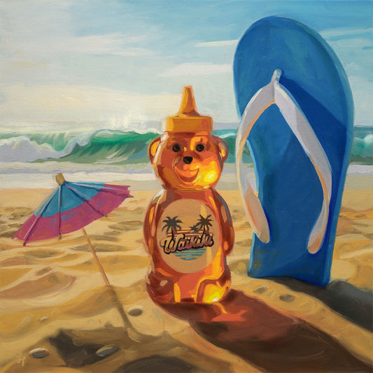 16x16 oil painting of a honey bear bottle with a Waikiki label, blue flip-flop, and cocktail umbrella on a sandy beach.