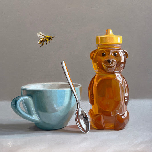 12x12 oil painting of a honey bear, turquoise teacup, silver spoon, and a small bee on a neutral background.